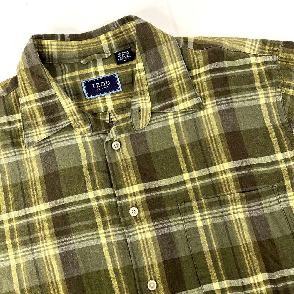 New Mens Y2K IZOD Jeans Linen Cotton Button Up SS Shirt Size Large Green Plaid